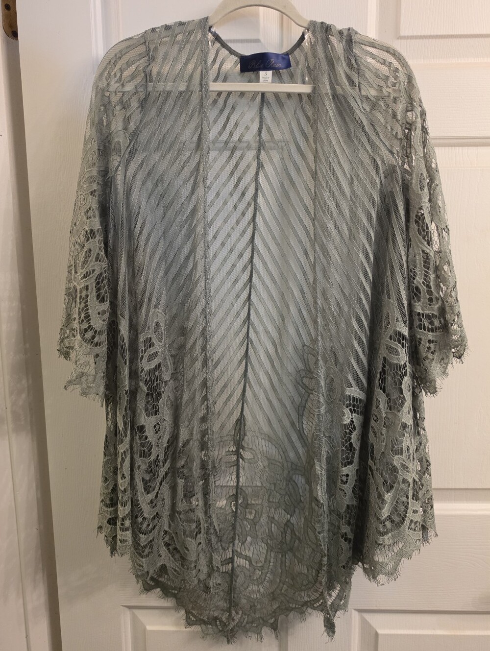 Blue Rain Lace Fringe Kimono Cardigan Duster Size S Olive Green
